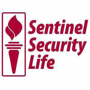 A red and white logo for sentinel security life.