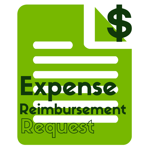 A green document with the words expense reimbursement request and dollar sign.
